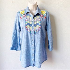 Johnny Was Rainbow Floral Chevron Embroidered Blue Cotton Button Up Shirt
